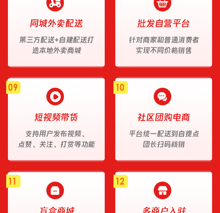 全渠道多店铺商家入驻微信小程序直播分销商城同城外卖APP源码正版系统出售